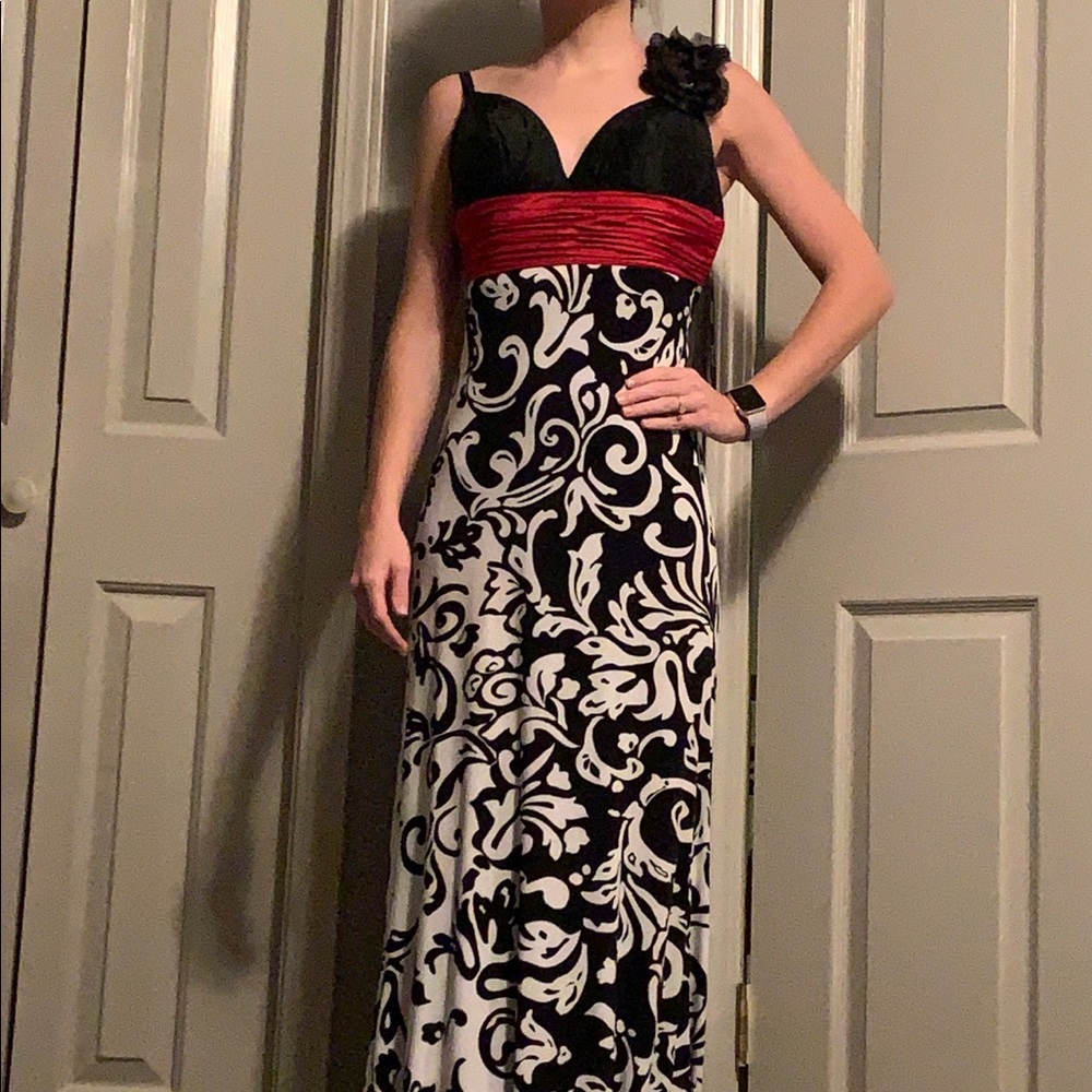 Jovani black, white and red print dress.